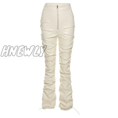 Hnewly Faux Pu Leather High Waist Black Stacked Pants Women Clothing Fashion Hipster Street Style