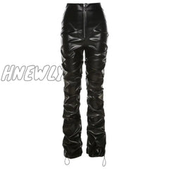 Hnewly Faux Pu Leather High Waist Black Stacked Pants Women Clothing Fashion Hipster Street Style