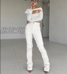 Hnewly Faux Pu Leather High Waist Black Stacked Pants Women Clothing Fashion Hipster Street Style