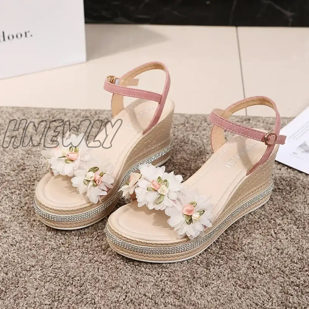 Female Ankle Strap Buckle Rhinestone Crystal Sandals 2024 Summer Women Round Toe High Heels Fashion Ladies Wedges Shoes Gold