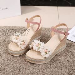 Female Ankle Strap Buckle Rhinestone Crystal Sandals 2024 Summer Women Round Toe High Heels Fashion Ladies Wedges Shoes Gold