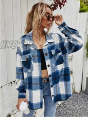 Hnewly Female Coat Plaid Turn-Down Collar Long Sleeve Jacket With Chest Pockets For Women Red Green