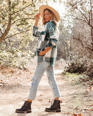 Hnewly Female Coat Plaid Turn-Down Collar Long Sleeve Jacket With Chest Pockets For Women Red Green