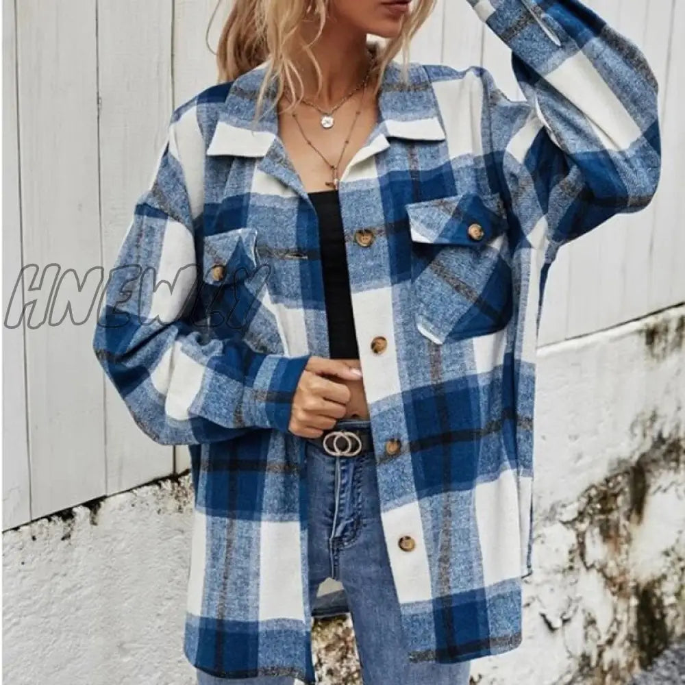 Hnewly Female Coat Plaid Turn-Down Collar Long Sleeve Jacket With Chest Pockets For Women Red Green