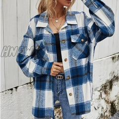 Hnewly Female Coat Plaid Turn-Down Collar Long Sleeve Jacket With Chest Pockets For Women Red Green