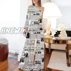 Hnewly Female Vintage Printed Two Piece Sets Spring Elegant One-Shoulder Long Sleeve Tops And Wide