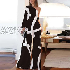 Hnewly Female Vintage Printed Two Piece Sets Spring Elegant One-Shoulder Long Sleeve Tops And Wide