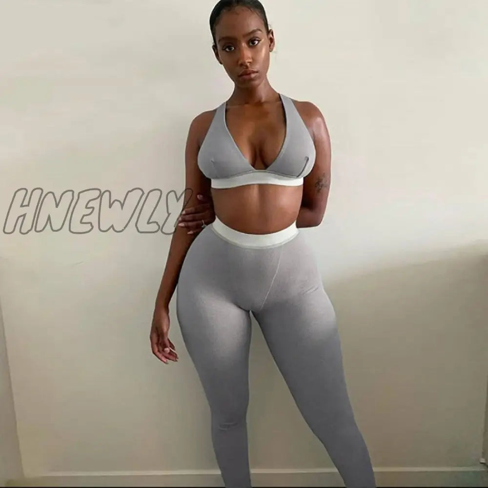 Hnewly Fitness Sporty Women Tracksuit Sleeveless V - Enck Tank Stretchy Leggings Ribbed Bra Two