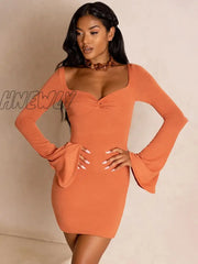 Hnewly Flare Long Sleeve Sexy Party Bodycon Woman Dress Spring Summer V Neck Puff Elegant Robe