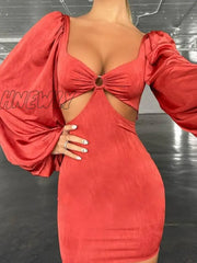 Hnewly Flare Long Sleeve Sexy Party Bodycon Woman Dress Spring Summer V Neck Puff Elegant Robe
