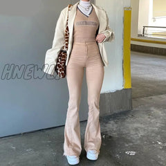 Hnewly Flare Wide Leg Jeans Women Elastic High Waist Skinny Mom Denim Pants Fashion Oversize Casual