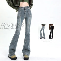 Hnewly Flared Jeans Woman Vintage High Waist Women Slim Stretch Denim Tight Pant Korean Street