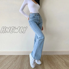 Hnewly Flared Jeans Women Straight Leg Solid Color 2024 Temperament Street Wide Pants Spice Girl