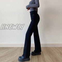 Hnewly Flared Jeans Women Straight Leg Solid Color 2024 Temperament Street Wide Pants Spice Girl