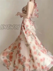 Hnewly Floral Dress For Women Sleeveless Party Ruffles Slim Fit Fairycore Midi A Llne Neck Mounted