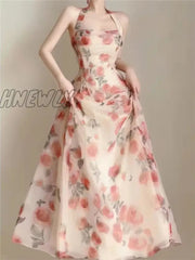 Hnewly Floral Dress For Women Sleeveless Party Ruffles Slim Fit Fairycore Midi A Llne Neck Mounted