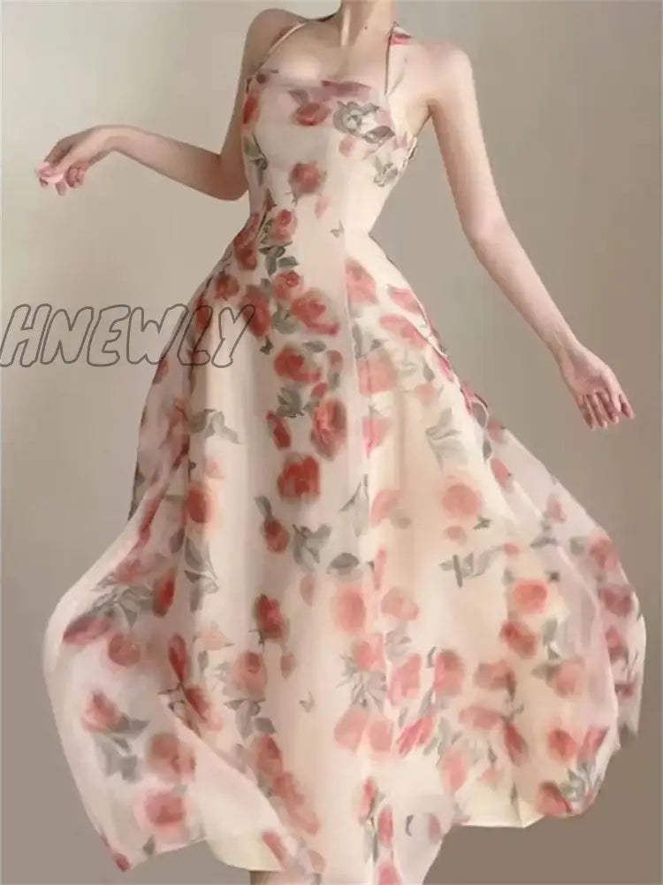 Hnewly Floral Dress For Women Sleeveless Party Ruffles Slim Fit Fairycore Midi A Llne Neck Mounted