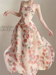 Hnewly Floral Dress For Women Sleeveless Party Ruffles Slim Fit Fairycore Midi A Llne Neck Mounted