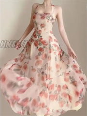 Hnewly Floral Dress For Women Sleeveless Party Ruffles Slim Fit Fairycore Midi A Llne Neck Mounted