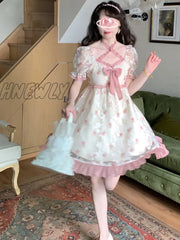 Hnewly Floral Kawaii Lolita Party Mini Dress Women Print Korean Style Sweet Cute Fairy Japanese