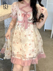 Hnewly Floral Kawaii Lolita Party Mini Dress Women Print Korean Style Sweet Cute Fairy Japanese