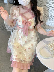 Hnewly Floral Kawaii Lolita Party Mini Dress Women Print Korean Style Sweet Cute Fairy Japanese