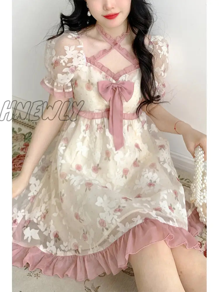 Hnewly Floral Kawaii Lolita Party Mini Dress Women Print Korean Style Sweet Cute Fairy Japanese