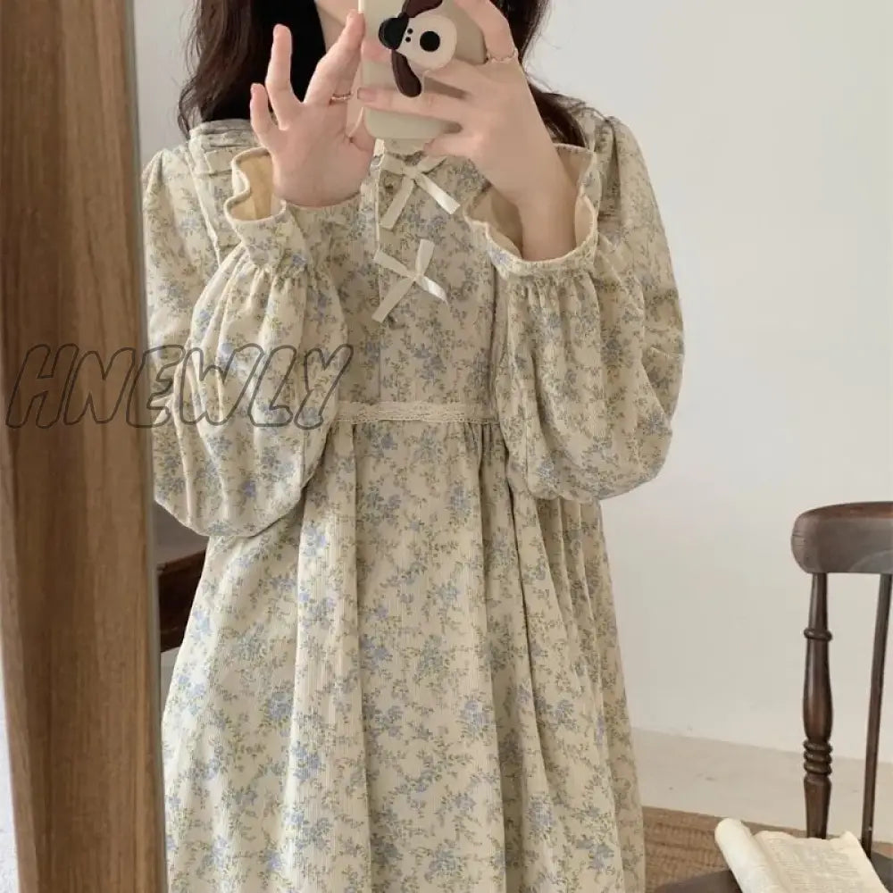 Hnewly Floral Print Nightgown Sleepwear Womens Korean Style Ruffles Night Dress One Piece Pajamas