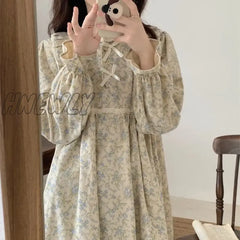 Hnewly Floral Print Nightgown Sleepwear Womens Korean Style Ruffles Night Dress One Piece Pajamas