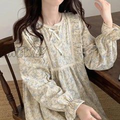 Hnewly Floral Print Nightgown Sleepwear Womens Korean Style Ruffles Night Dress One Piece Pajamas