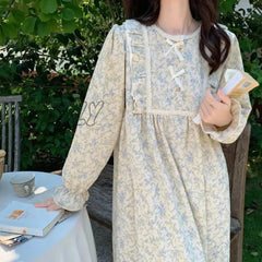 Hnewly Floral Print Nightgown Sleepwear Womens Korean Style Ruffles Night Dress One Piece Pajamas