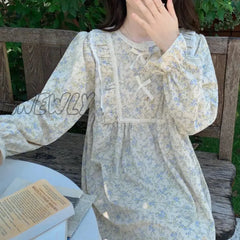 Hnewly Floral Print Nightgown Sleepwear Womens Korean Style Ruffles Night Dress One Piece Pajamas