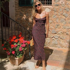 Hnewly Floral Retro Midi Dress Sleeveless Backless Spaghetti Straps Beach Long Vintage Bohemian