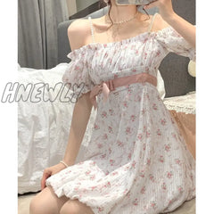 Hnewly Floral Strap Fairy Dress Women French Sweet Princess Holiday Party Female Summer Casual