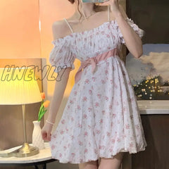 Hnewly Floral Strap Fairy Dress Women French Sweet Princess Holiday Party Female Summer Casual