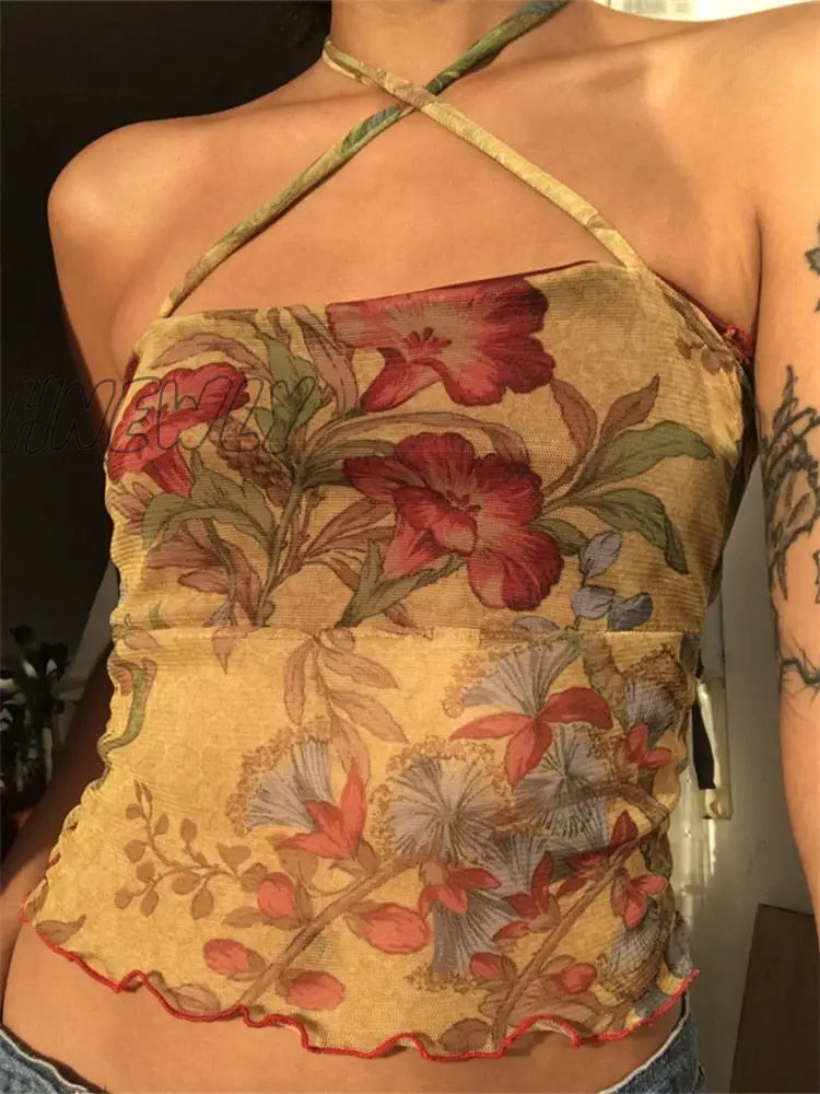 Hnewly Floral Y2K Crop Top Mesh See Through Sexy Corset Frill Cross Halter Sweats Female Summer