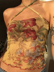 Hnewly Floral Y2K Crop Top Mesh See Through Sexy Corset Frill Cross Halter Sweats Female Summer