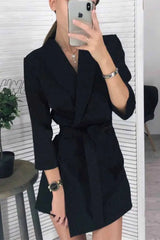 Hnewly - Florcoo Solid Color Long Sleeve Suit Collar Mini Dresses(4 Colors) S / Black Dress
