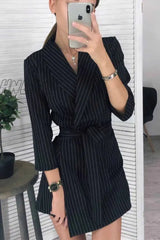Hnewly - Florcoo Solid Color Long Sleeve Suit Collar Mini Dresses(4 Colors) S / Black Strips Dress