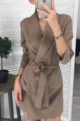 Hnewly - Florcoo Solid Color Long Sleeve Suit Collar Mini Dresses(4 Colors) S / Khaki Dress