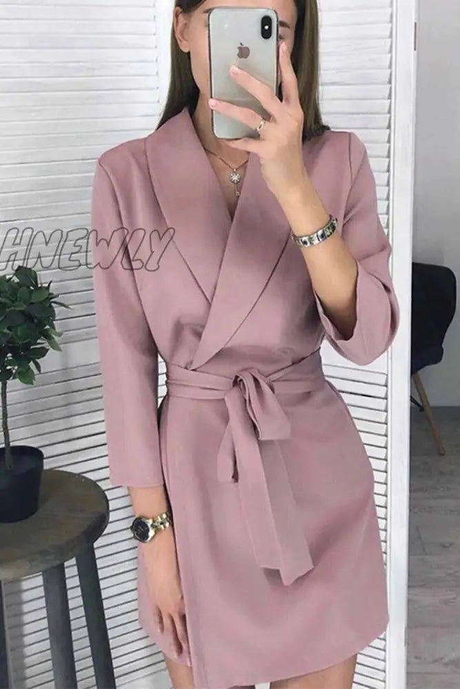 Hnewly - Florcoo Solid Color Long Sleeve Suit Collar Mini Dresses(4 Colors) S / Pink Dress