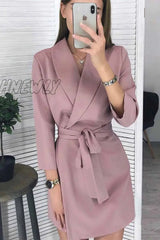 Hnewly - Florcoo Solid Color Long Sleeve Suit Collar Mini Dresses(4 Colors) S / Pink Dress