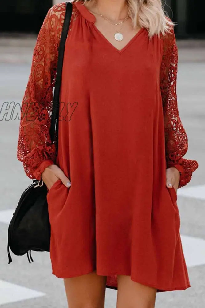 Hnewly - Florcoo V-Neck Lace Mini Dress Red / S