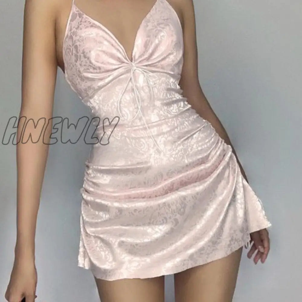 Hnewly Folds Milkmaid Halter Cami Mini Dress Women Pink Sweet Sexy V Neck A Line Backless Prom