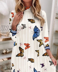 Hnewly For Women’s Autumn Dresses Fashion Ruffle O Neck Print Casual Loose Pleated Ladies Long