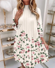 Hnewly For Women’s Autumn Dresses Fashion Ruffle O Neck Print Casual Loose Pleated Ladies Long