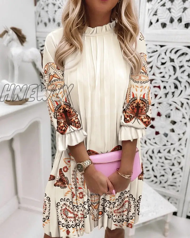 Hnewly For Women’s Autumn Dresses Fashion Ruffle O Neck Print Casual Loose Pleated Ladies Long