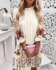 Hnewly For Women’s Autumn Dresses Fashion Ruffle O Neck Print Casual Loose Pleated Ladies Long