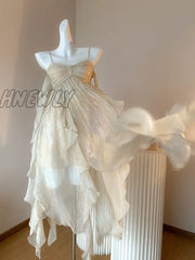 Hnewly France Fashion Irregular Beach Strap Dress Female Elegant Chiffon Fairy Party Vestidos Korea