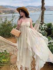 Hnewly France Fashion Irregular Beach Strap Dress Female Elegant Chiffon Fairy Party Vestidos Korea